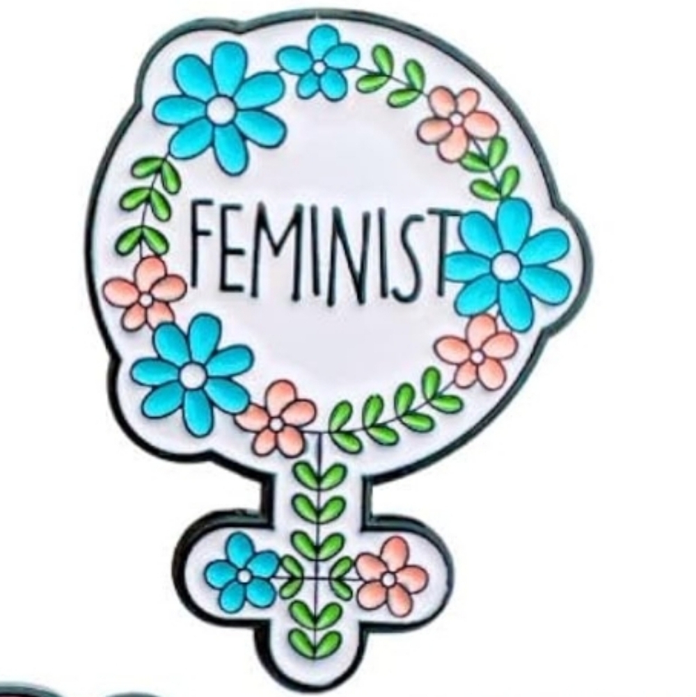 Feminist Floral Enamel Pin - Aqua & Peach Feminist Symbol